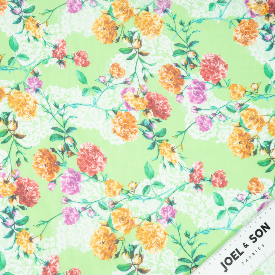 Multi Floral Printed Rich Green Pure Silk Chiffon