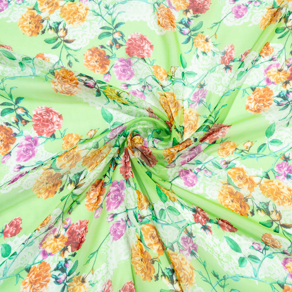 Multi Floral Printed Rich Green Pure Silk Chiffon