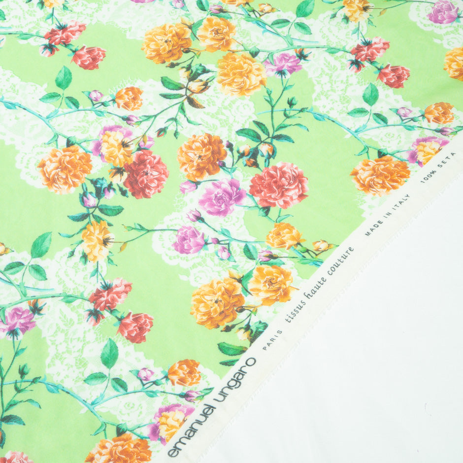 Multi Floral Printed Rich Green Pure Silk Chiffon