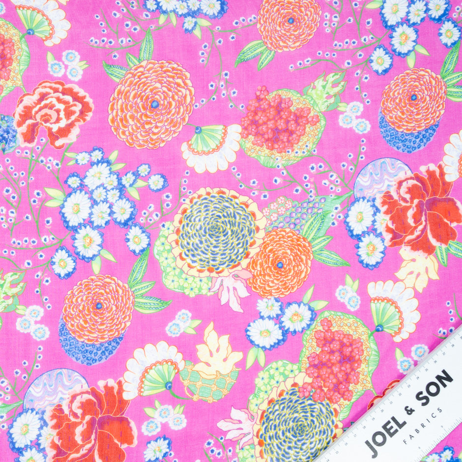 Multi-Coloured Floral Printed Rich Pink Pure Silk Chiffon