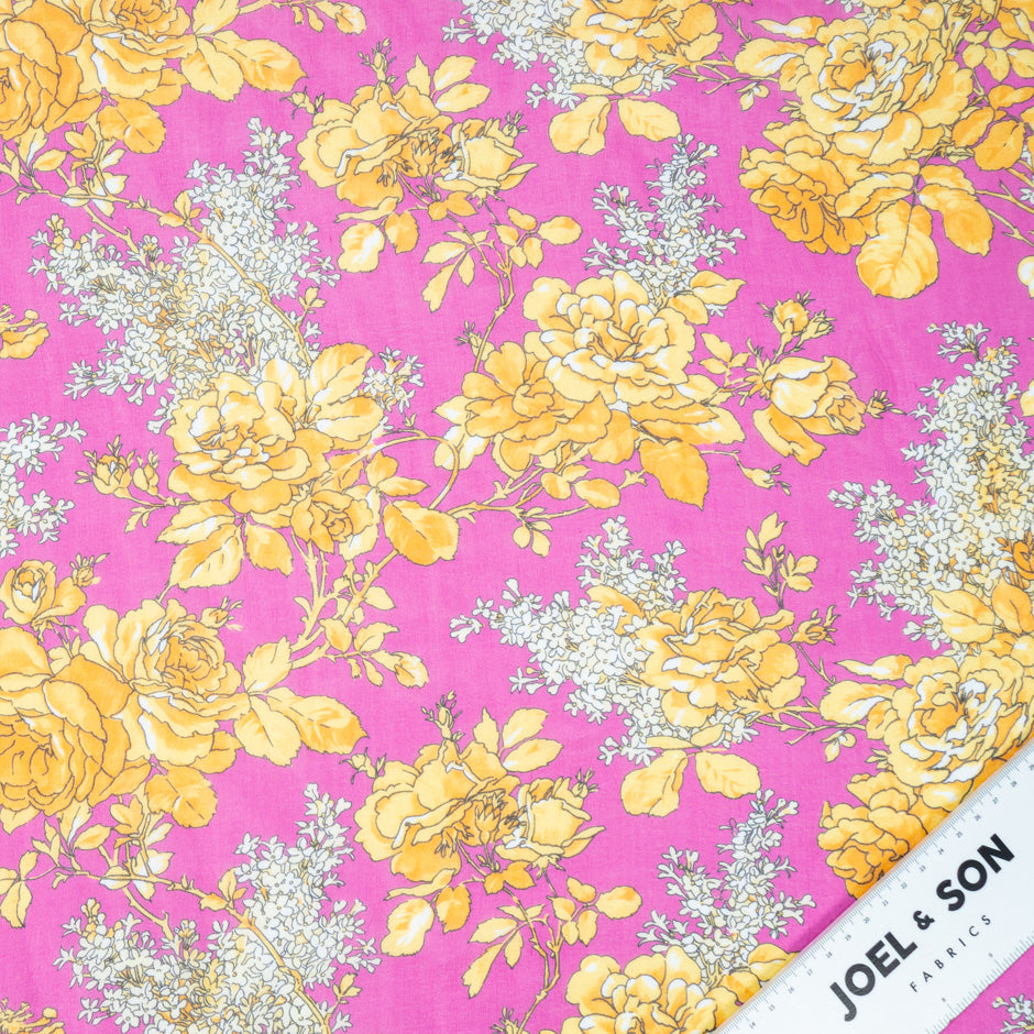 Yellow Rose Printed Pink Pure Silk Chiffon