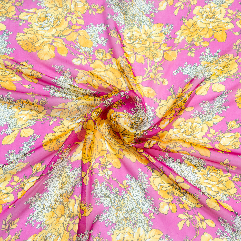 Yellow Rose Printed Pink Pure Silk Chiffon