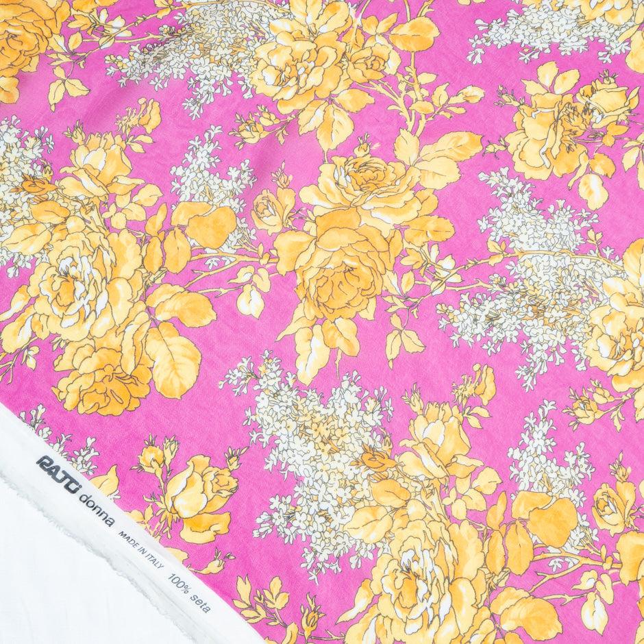 Yellow Rose Printed Pink Pure Silk Chiffon
