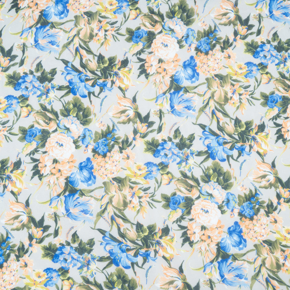 Orange & Blue Floral Printed Grey Silk Chiffon (A 2m Piece)