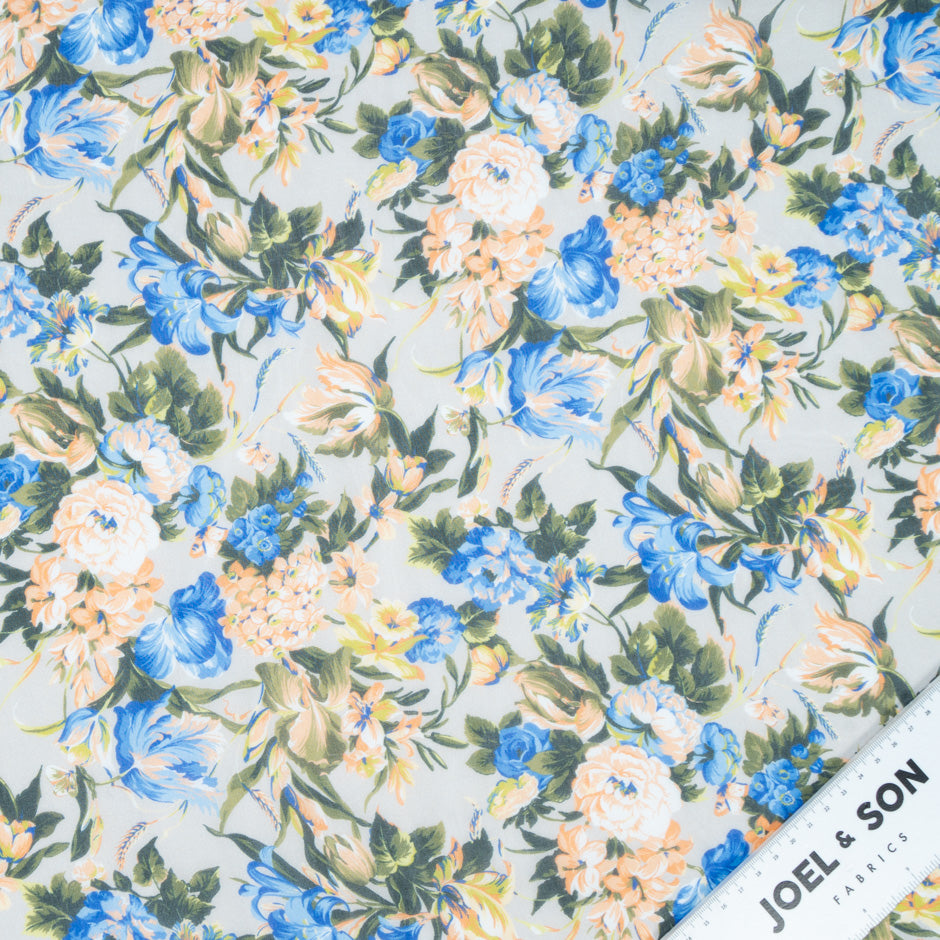 Orange & Blue Floral Printed Grey Silk Chiffon (A 2m Piece)