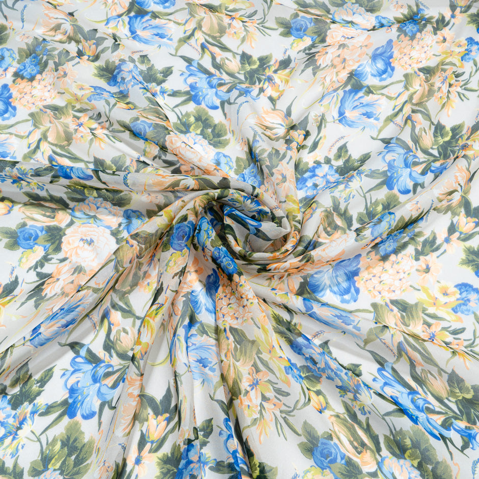 Orange & Blue Floral Printed Grey Silk Chiffon (A 2m Piece)