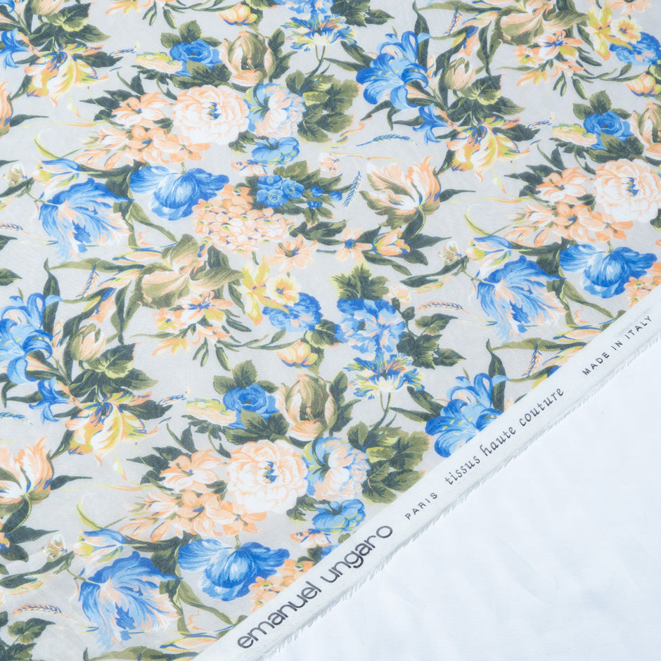 Orange & Blue Floral Printed Grey Silk Chiffon (A 2m Piece)