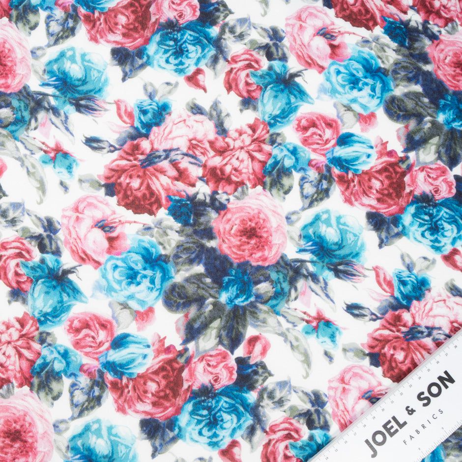 Deep Red & Blue Rose Floral Printed Silk Chiffon