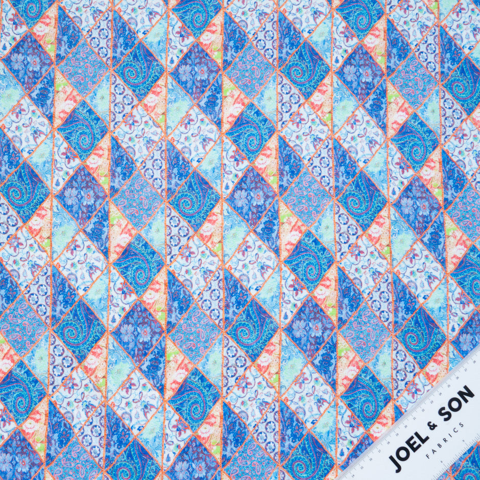 Blue Patchwork Printed Pure Linen