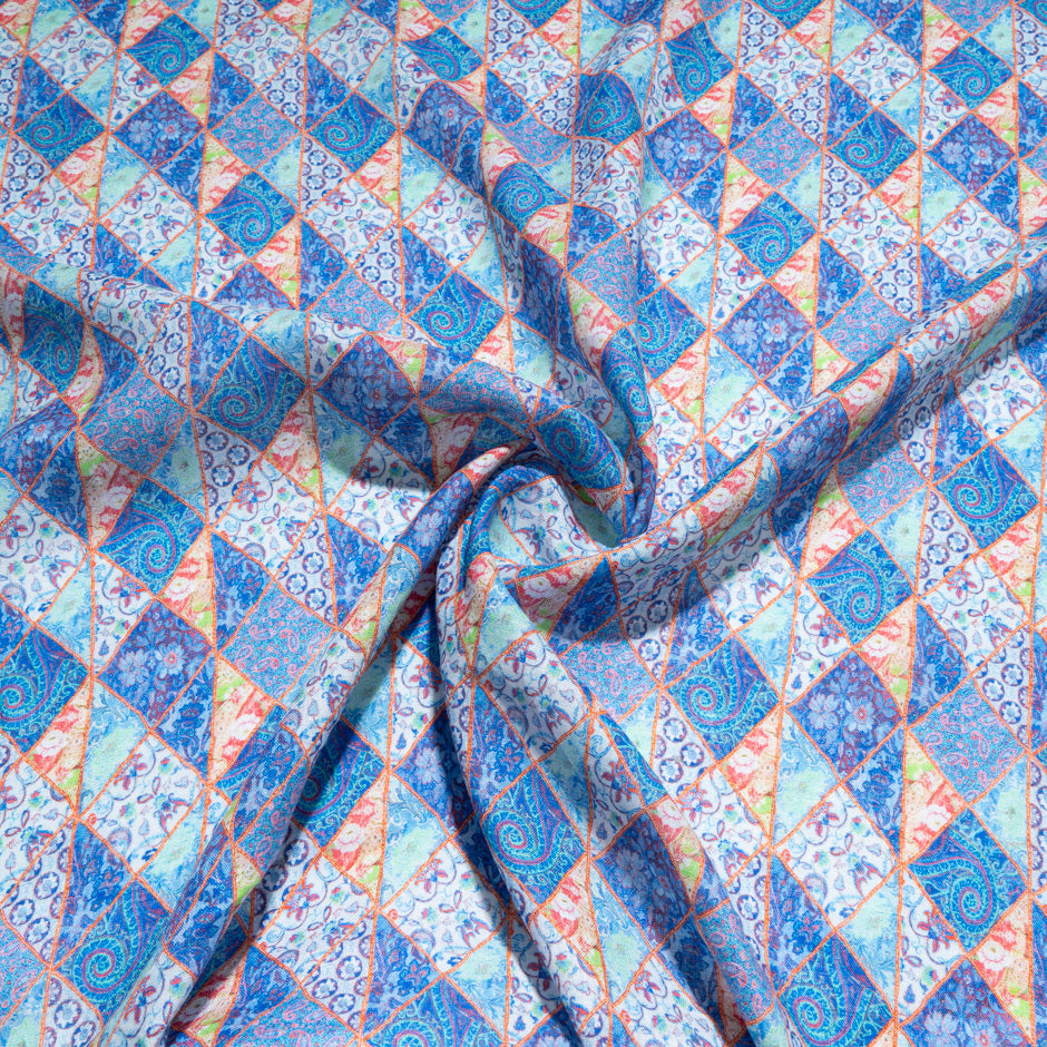 Blue Patchwork Printed Pure Linen