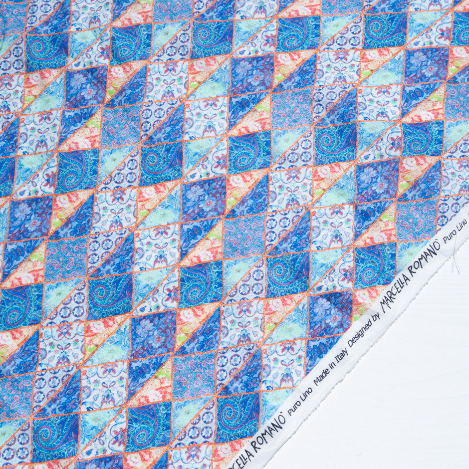 Blue Patchwork Printed Pure Linen