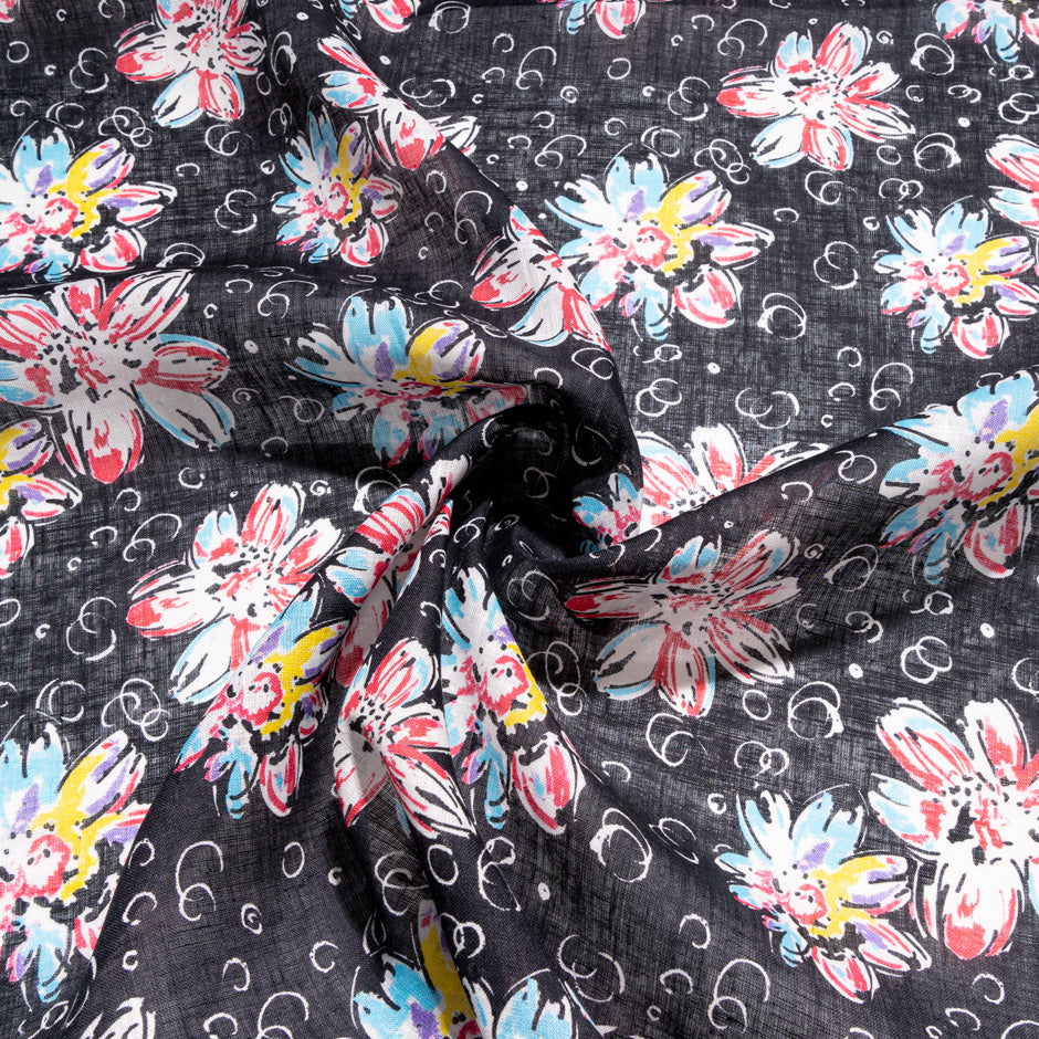 Multi Floral Printed Black Handkerchief Linen