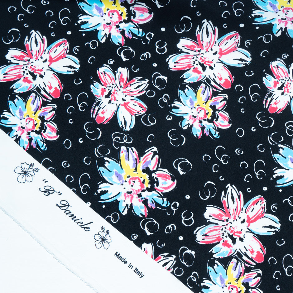 Multi Floral Printed Black Silk Satin