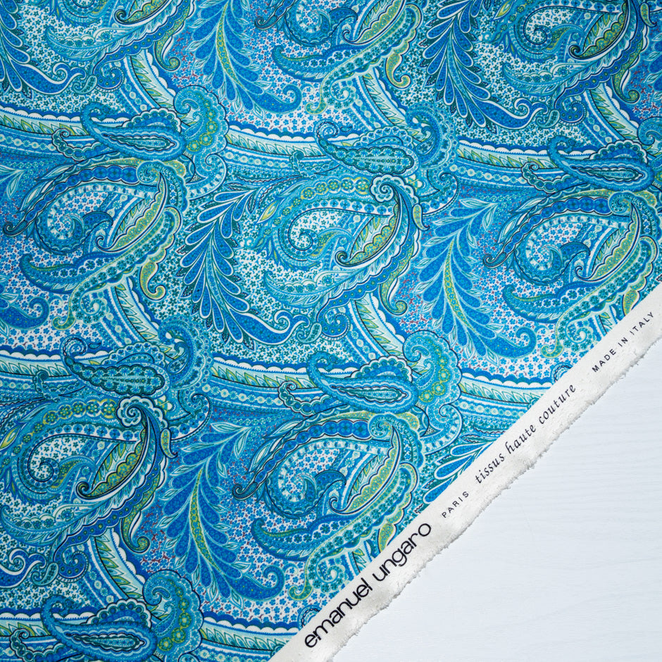 Blue & Green Paisley Printed Double Silk Satin