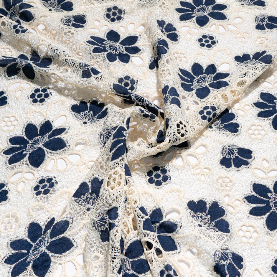 Midnight Blue Floral Embroidered Microfibre (A 2.80m Piece)