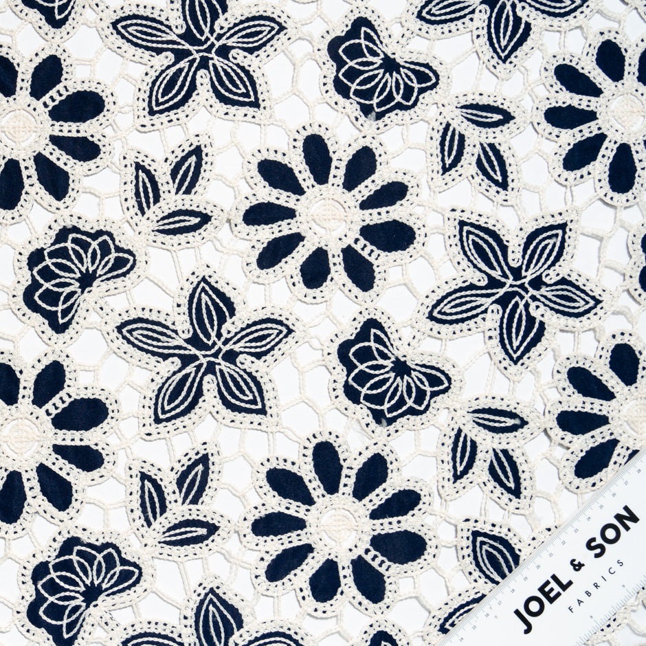 Midnight Blue & Cream Floral Embroidered Microfibre