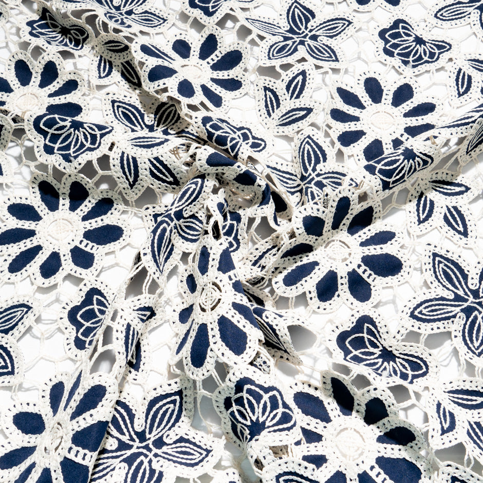 Midnight Blue & Cream Floral Embroidered Microfibre