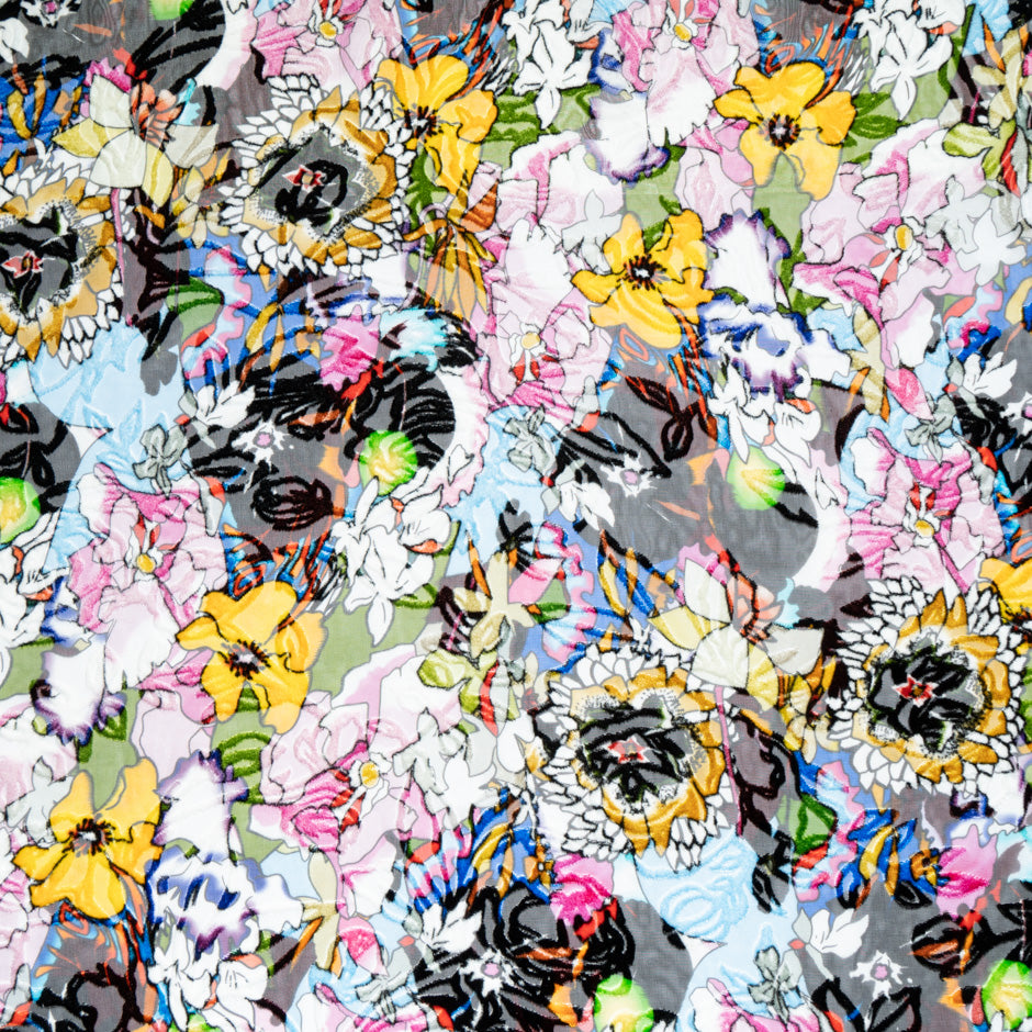 Multi-Coloured Floral Printed Devoré Velvet