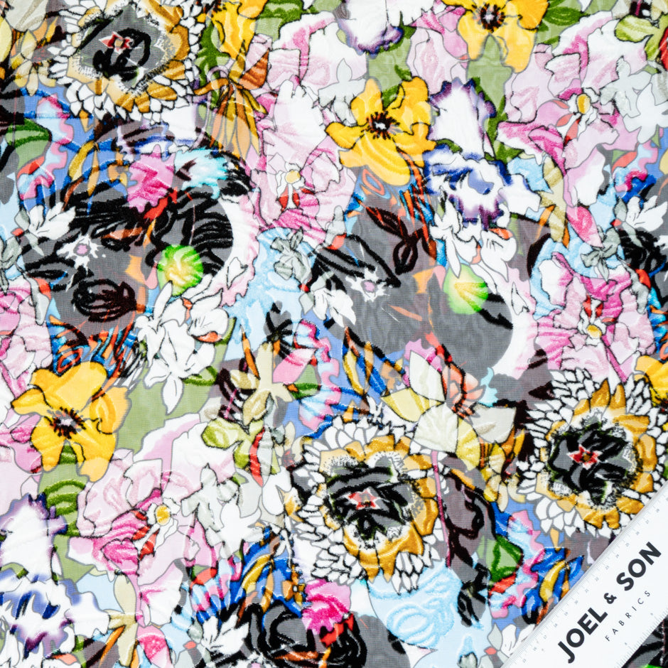 Multi-Coloured Floral Printed Devoré Velvet