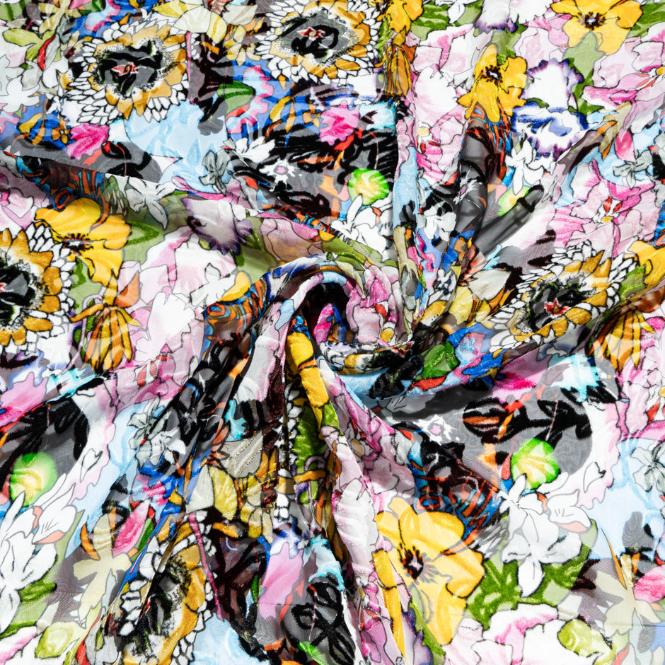 Multi-Coloured Floral Printed Devoré Velvet