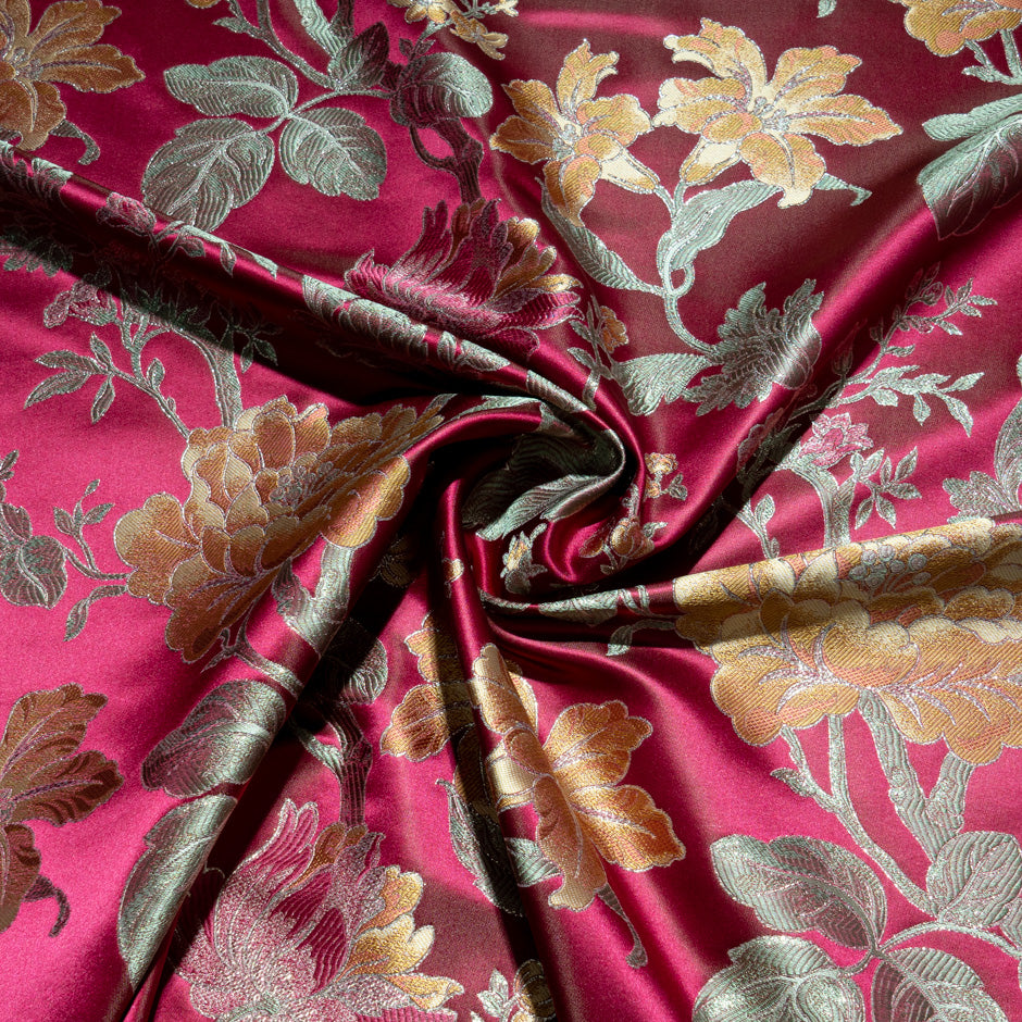 Yellow & Pink Floral Maroon Brocade