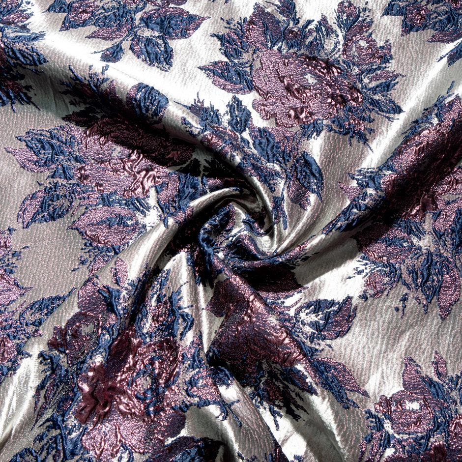 Taupe, Plum & Blue Metallic Floral Cloqué