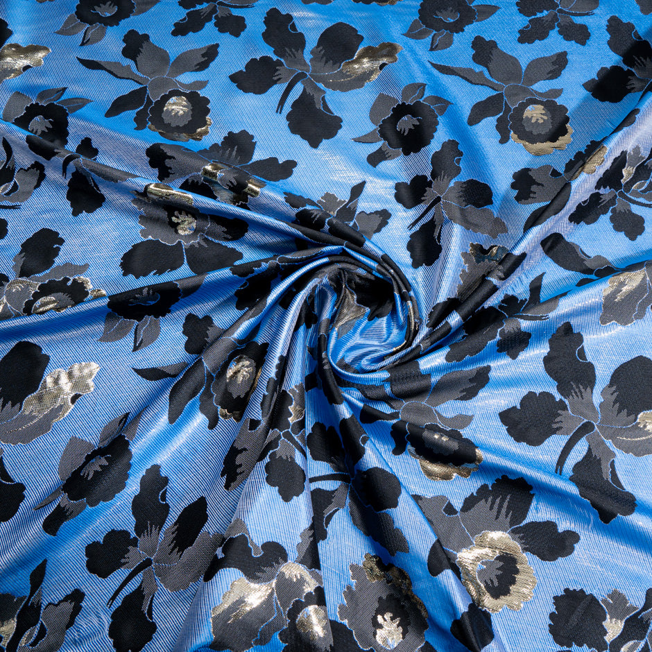 Blue, Black, Gold Metallic Mixed Fibre Brocade