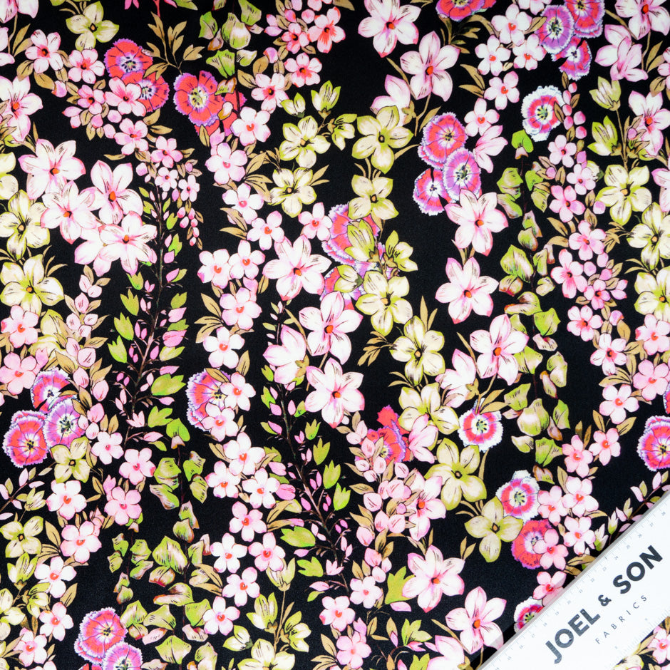 Wild Floral Printed Black Soft Finish Duchess Satin