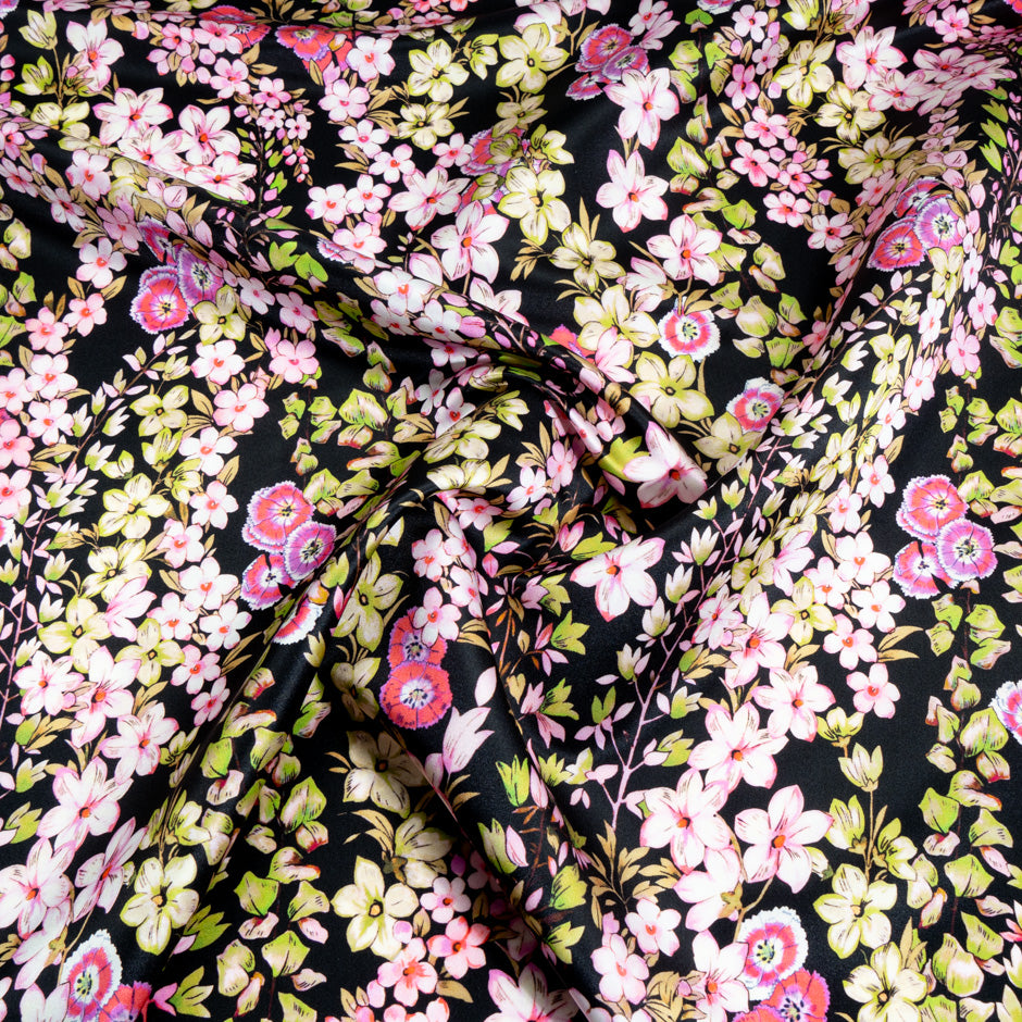 Wild Floral Printed Black Soft Finish Duchess Satin