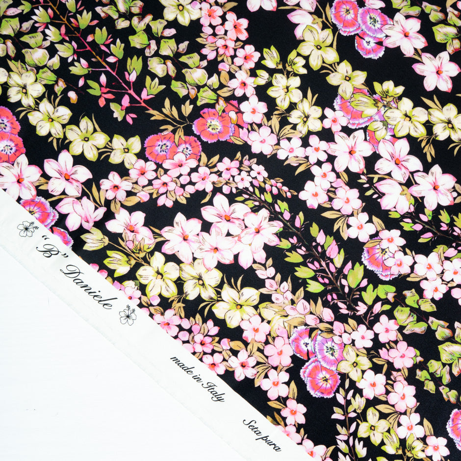 Wild Floral Printed Black Soft Finish Duchess Satin
