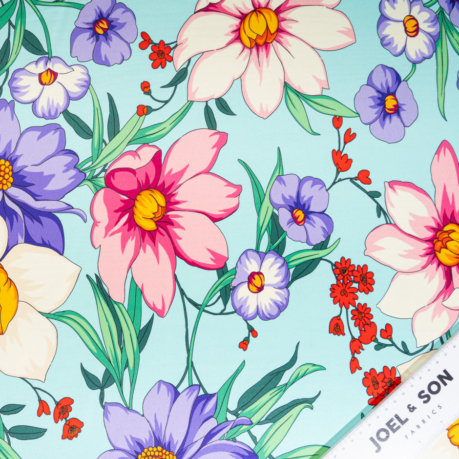 Bright Floral Printed Blue Soft Finish Duchess Satin