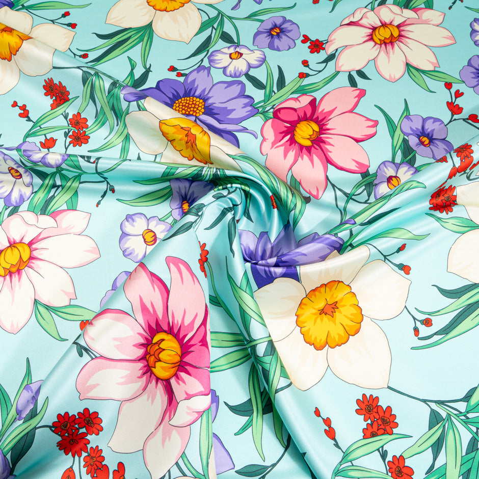 Bright Floral Printed Blue Soft Finish Duchess Satin