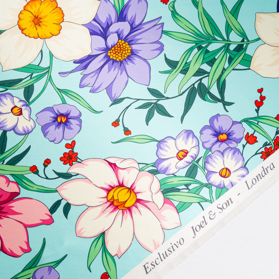 Bright Floral Printed Blue Soft Finish Duchess Satin