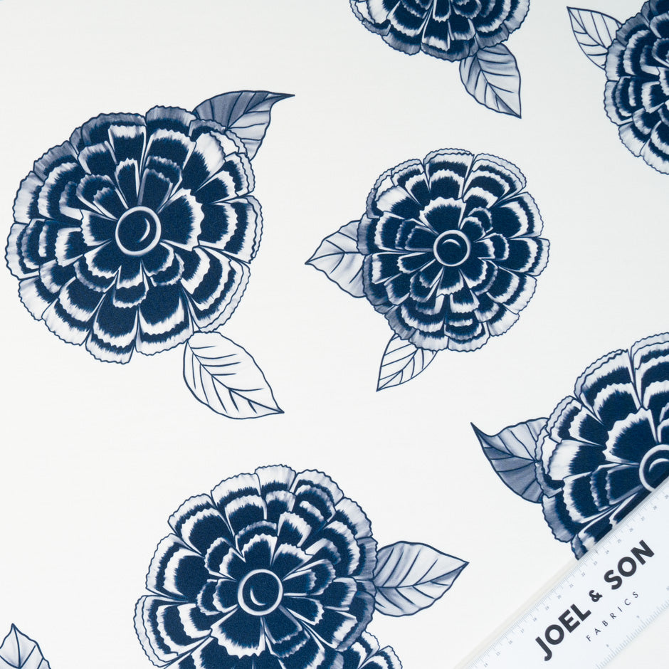 Ink Blue Floral Printed Ivory Silk Marocain Crêpe