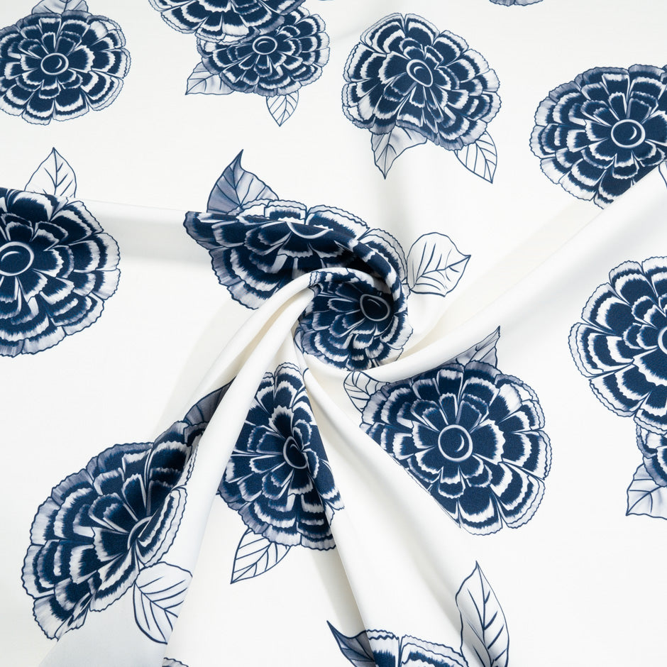 Ink Blue Floral Printed Ivory Silk Marocain Crêpe