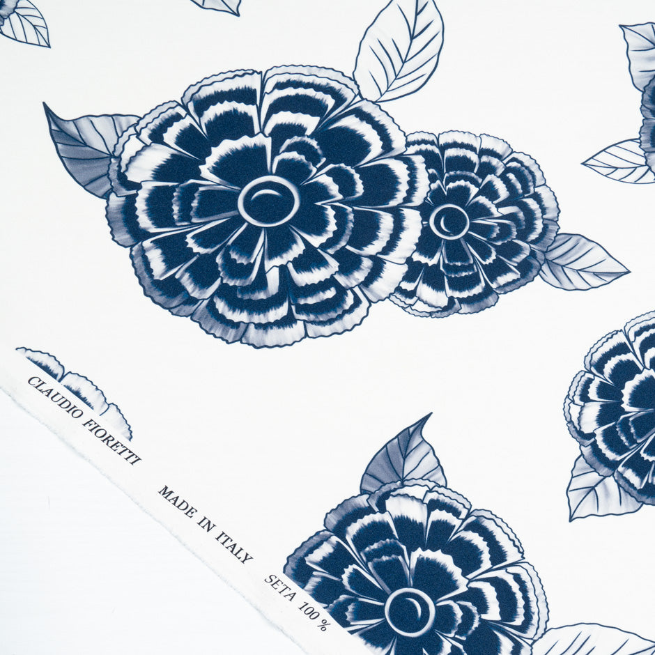 Ink Blue Floral Printed Ivory Silk Marocain Crêpe