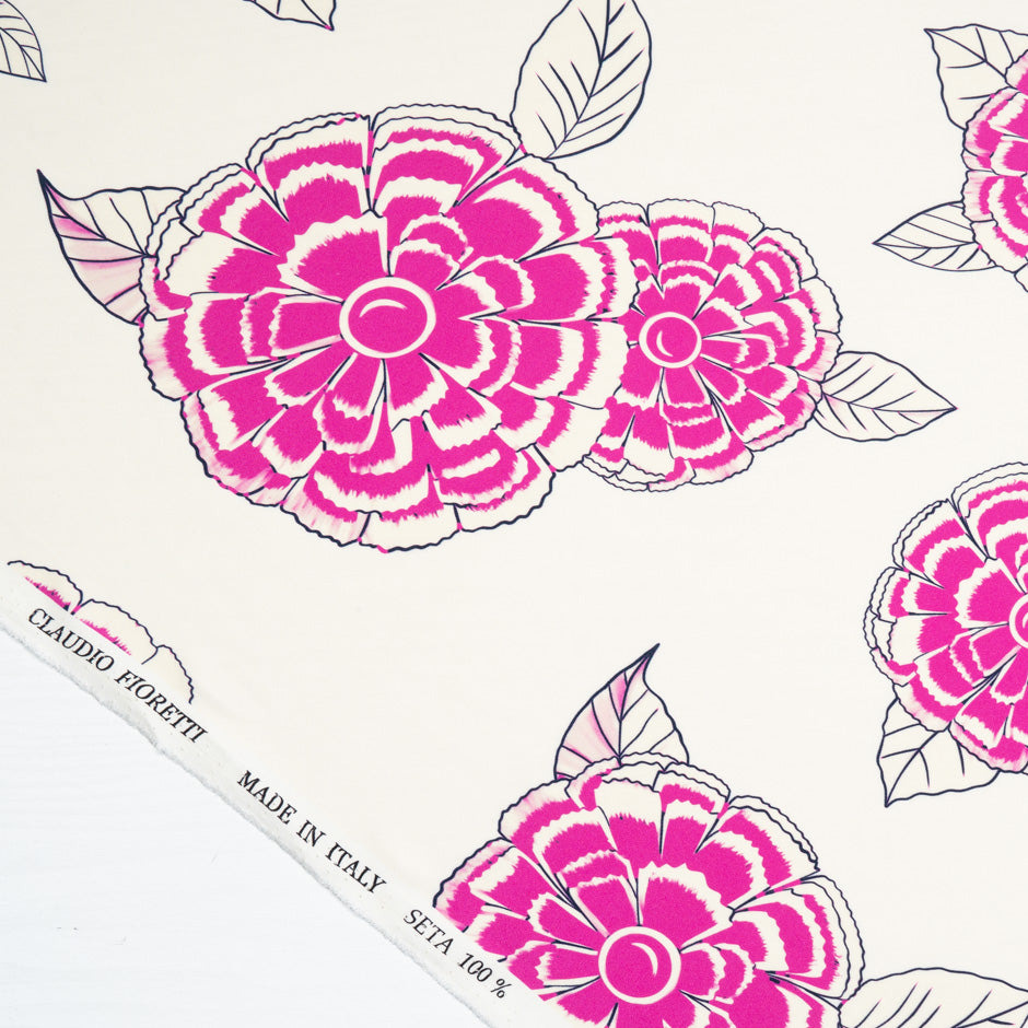 Cerise Pink Floral Printed Ivory Silk Marocain Crêpe