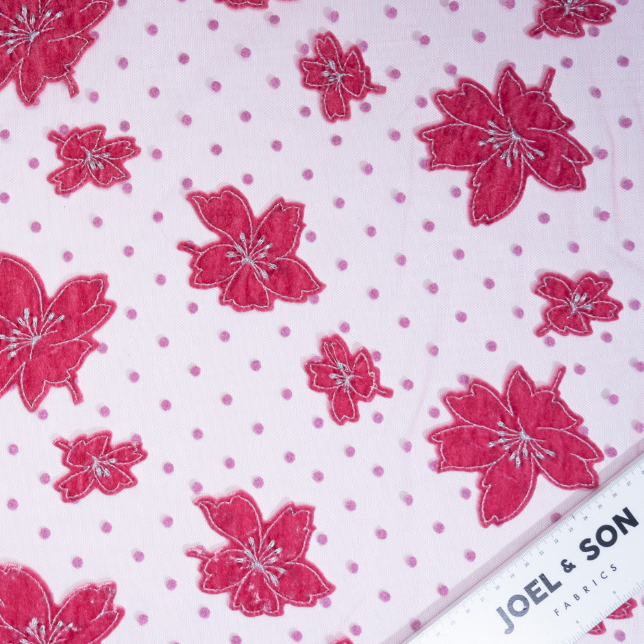 Pink Velvet Floral & Spot Embroidered Tulle
