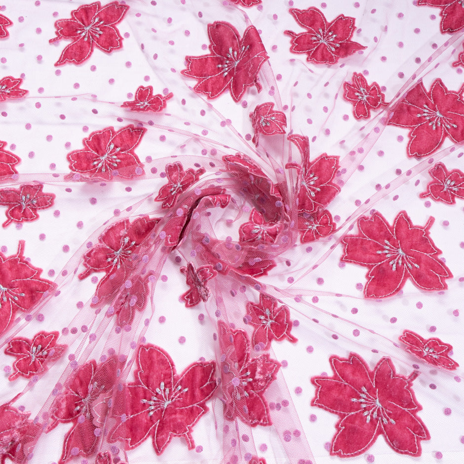Pink Velvet Floral & Spot Embroidered Tulle