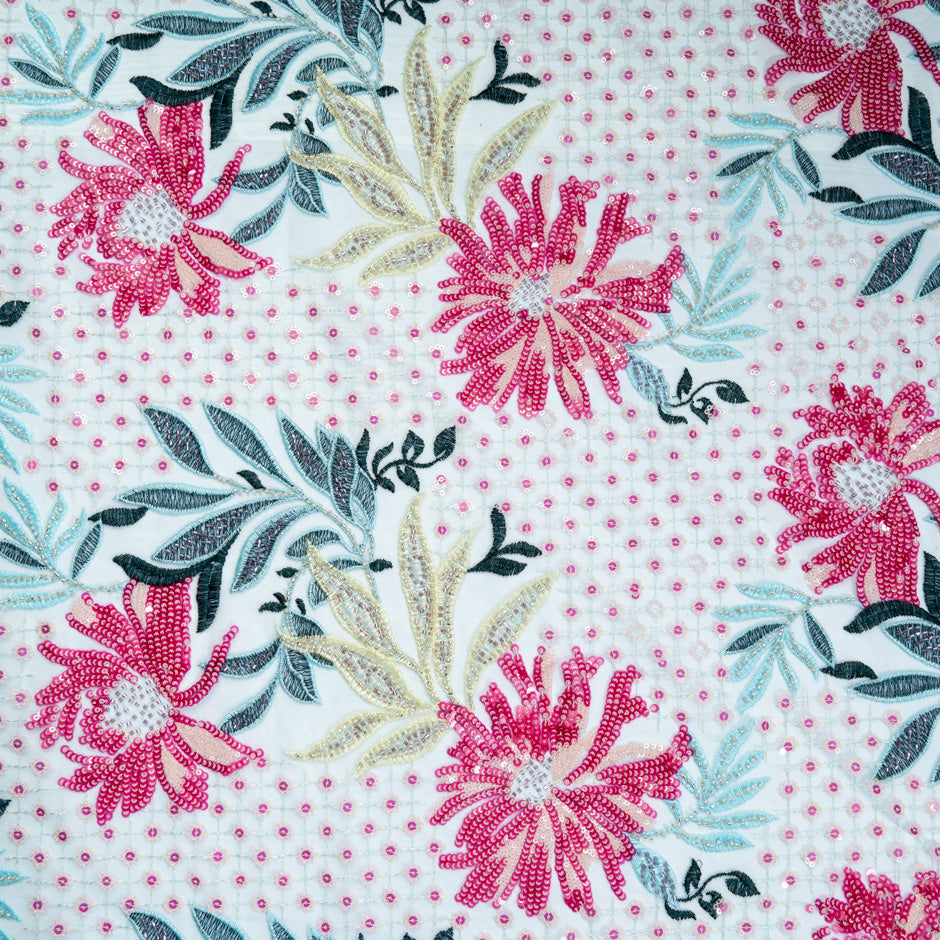 Pink & Yellow Floral Bead Embroidered Blue Tulle