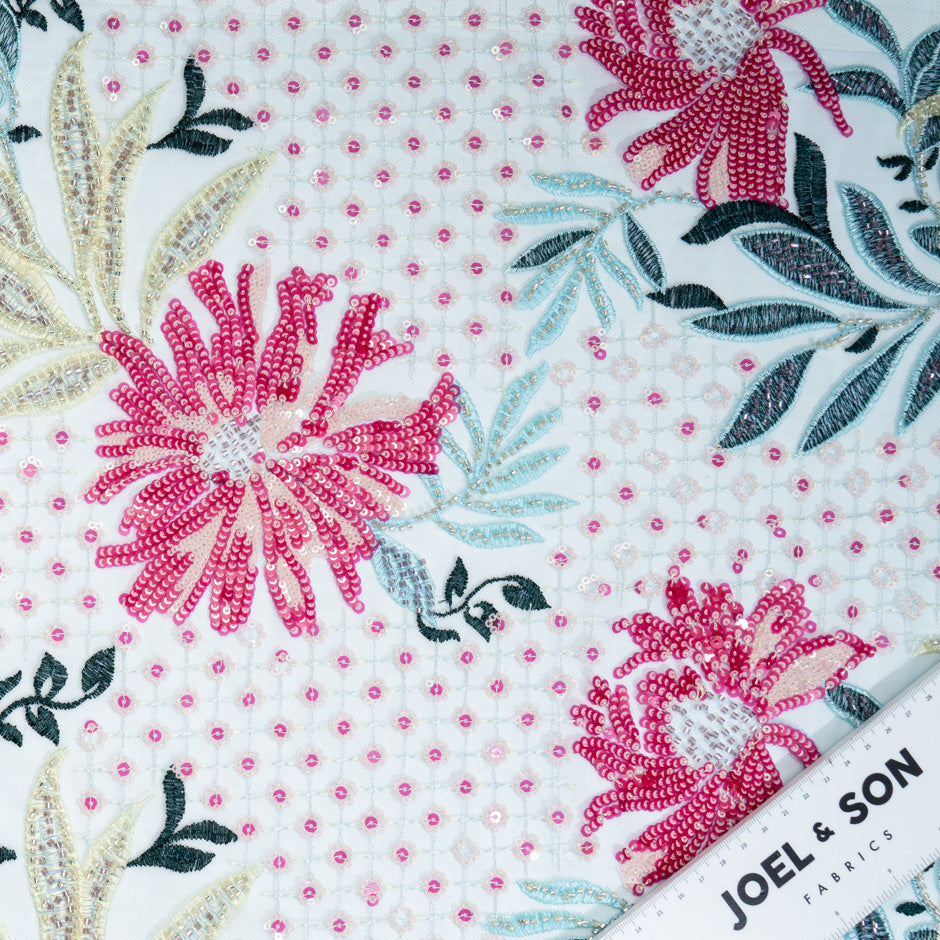 Pink & Yellow Floral Bead Embroidered Blue Tulle