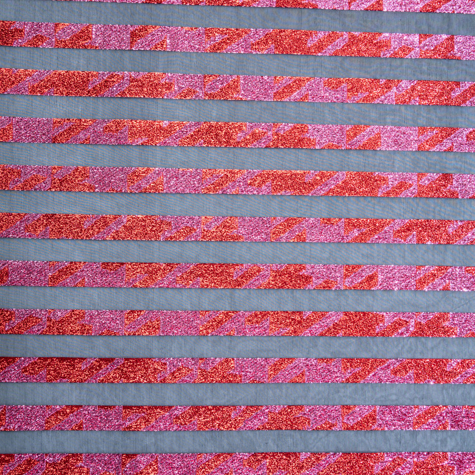 Red & Pink Metallic Striped Black Organza
