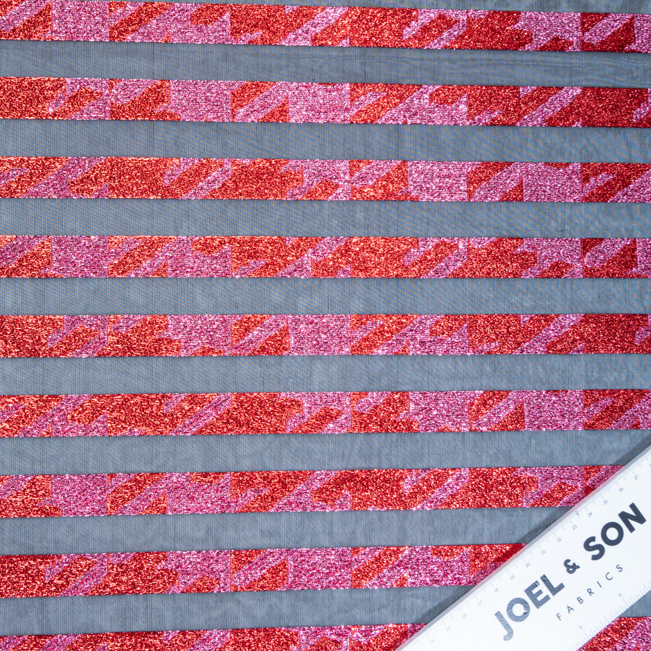 Red & Pink Metallic Striped Black Organza