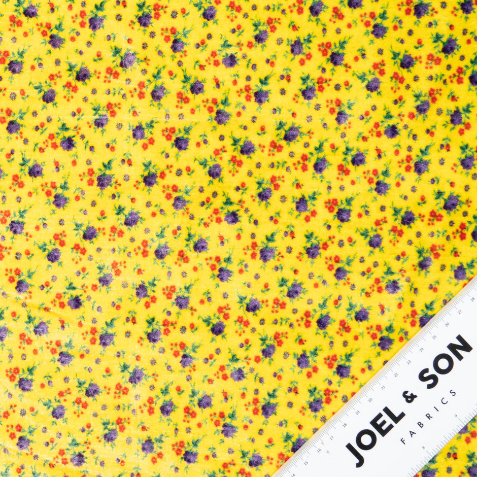 Floral Printed Canary Yellow Stretch Velvet