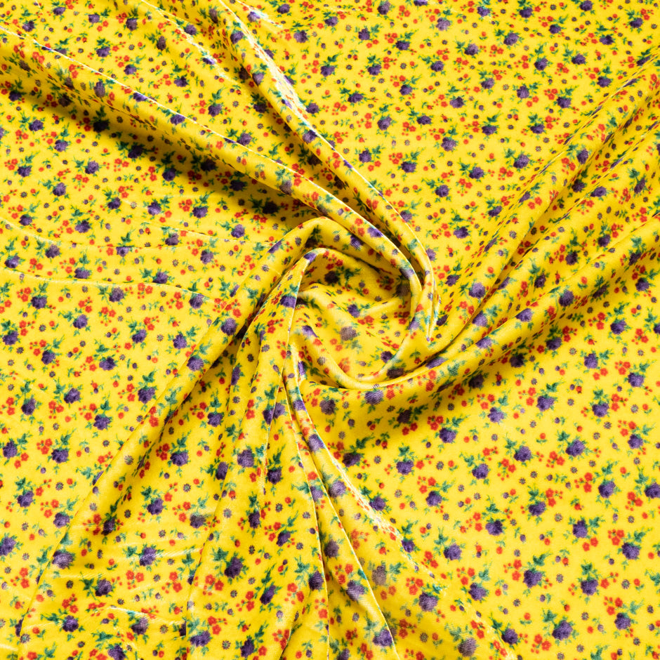 Floral Printed Canary Yellow Stretch Velvet