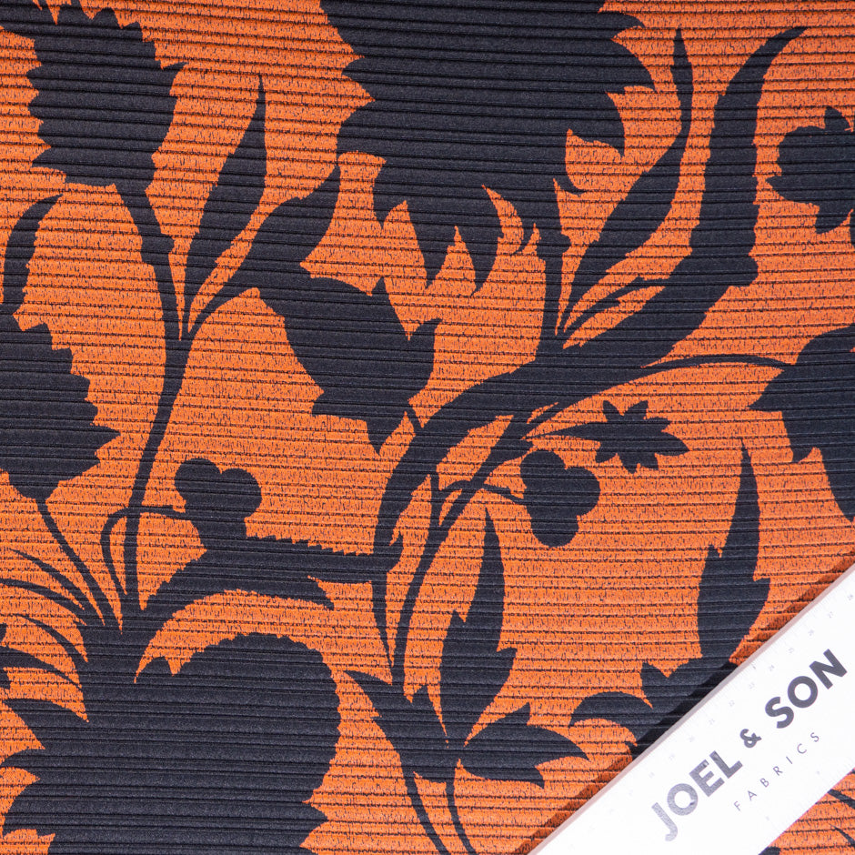 Black Floral Printed Silk Blend Orange Brocade