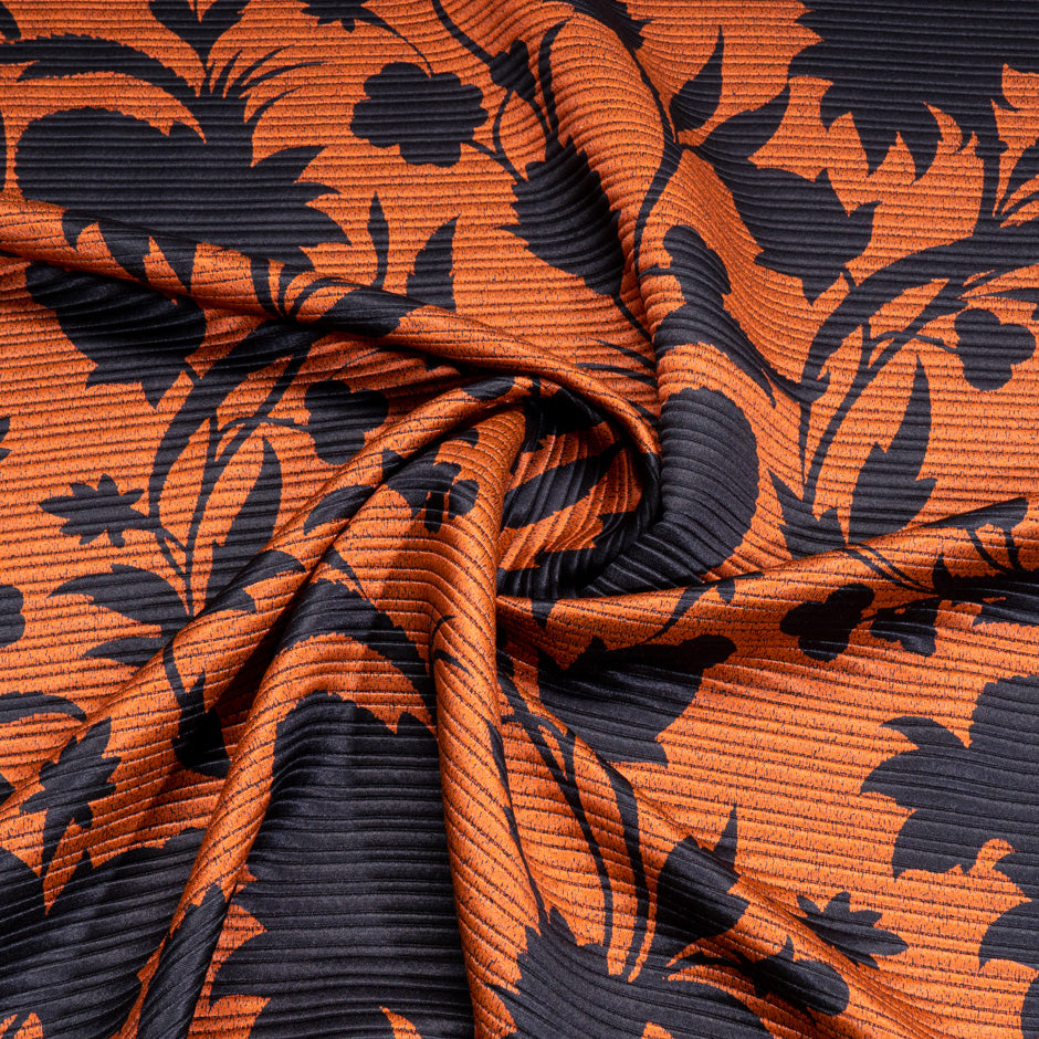 Black Floral Printed Silk Blend Orange Brocade