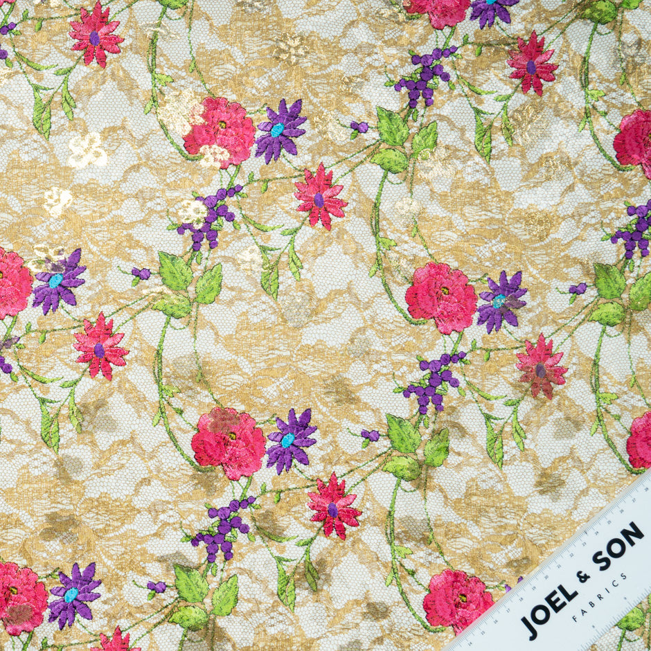 Multi Floral & Lace Printed Beige Silk Metallic Jacquard