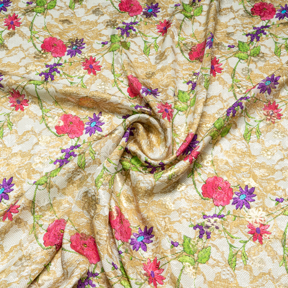Multi Floral & Lace Printed Beige Silk Metallic Jacquard