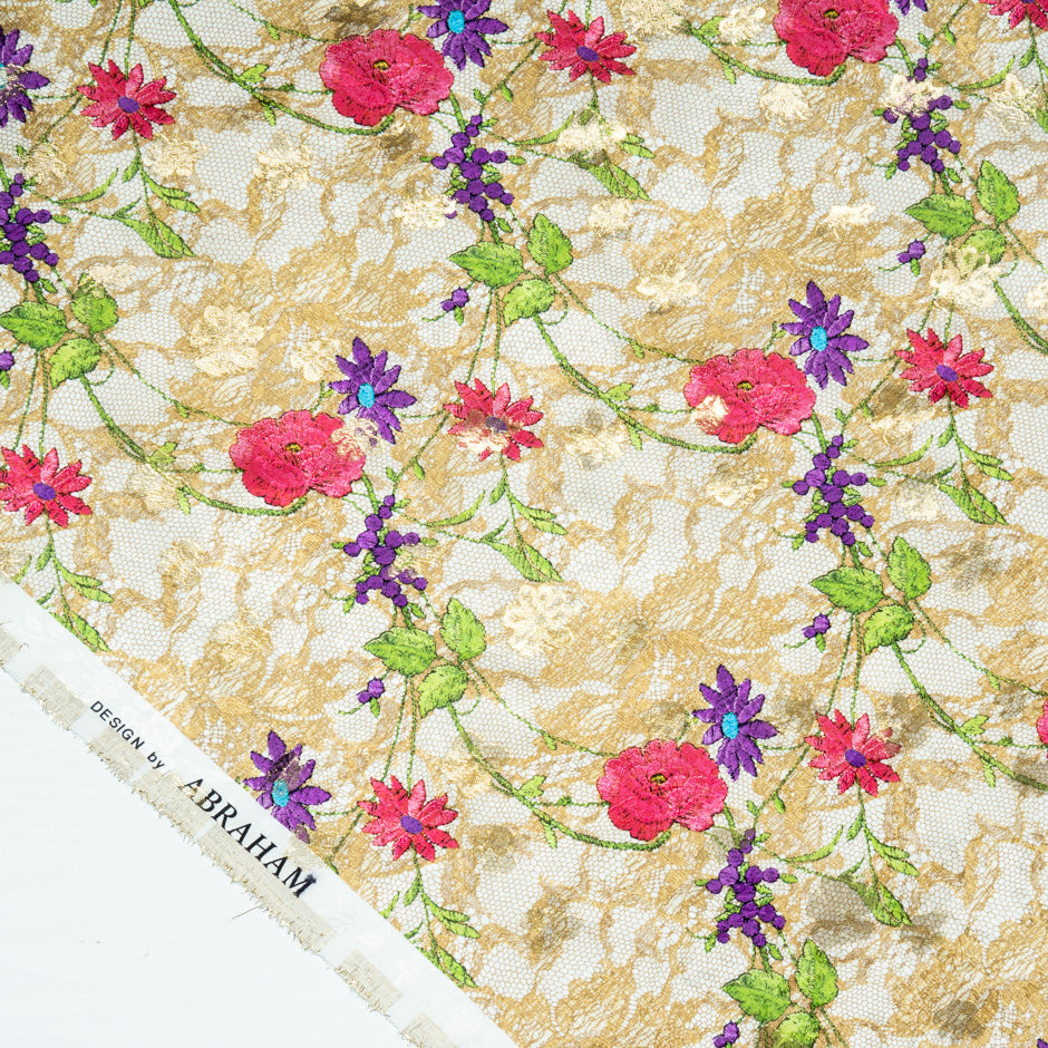 Multi Floral & Lace Printed Beige Silk Metallic Jacquard